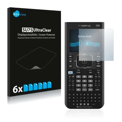 Vorderseite einer Produktverpackung mit dem Markenlogo Savvies. Daneben ist das Gerät Texas Instruments Nspire CX CAS mit dem 