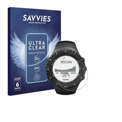Vorderseite einer Produktverpackung mit dem Markenlogo Savvies. Daneben ist das Gerät Suunto Core Regular Black mit dem zugehö
