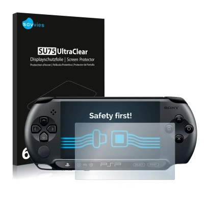 Vorderseite einer Produktverpackung mit dem Markenlogo Savvies. Daneben ist das Gerät Sony PSP 2000 mit dem zugehörigen Displa