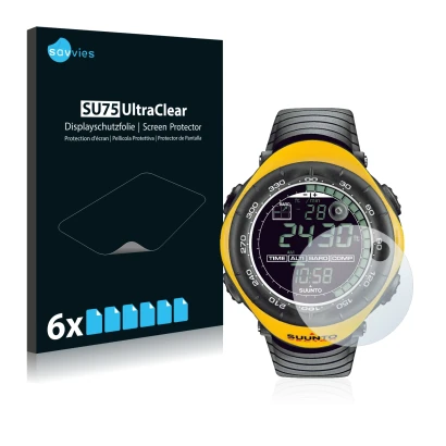 Vorderseite einer Produktverpackung mit dem Markenlogo Savvies. Daneben ist das Gerät Suunto Vector Yellow mit dem zugehörigen