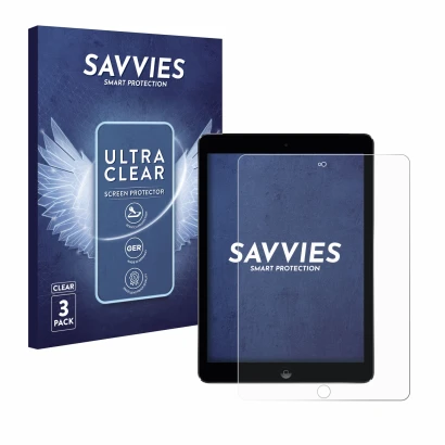 Vorderseite einer Produktverpackung mit dem Markenlogo Savvies. Daneben ist das Gerät Apple iPad Air 2 2014 mit dem zugehörige