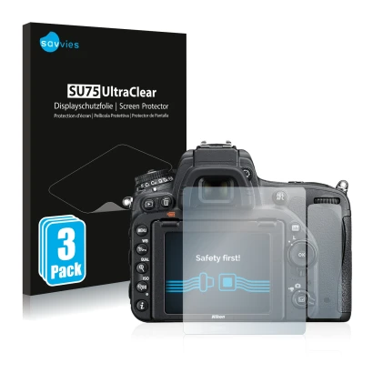 Vorderseite einer Produktverpackung mit dem Markenlogo Savvies. Daneben ist das Gerät Nikon D750 mit dem zugehörigen Displaysc