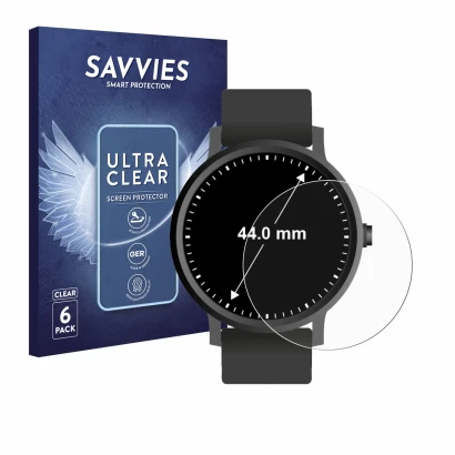 Vorderseite einer Produktverpackung mit dem Markenlogo Savvies. Daneben ist das Gerät Armbanduhren (Kreisrund, ø: 44 mm) mit d