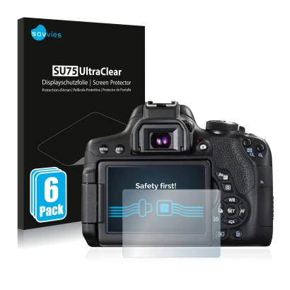 Vorderseite einer Produktverpackung mit dem Markenlogo Savvies. Daneben ist das Gerät Canon EOS 750D mit dem zugehörigen Displ