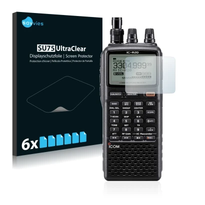 Vorderseite einer Produktverpackung mit dem Markenlogo Savvies. Daneben ist das Gerät Icom IC-R20 mit dem zugehörigen Displays