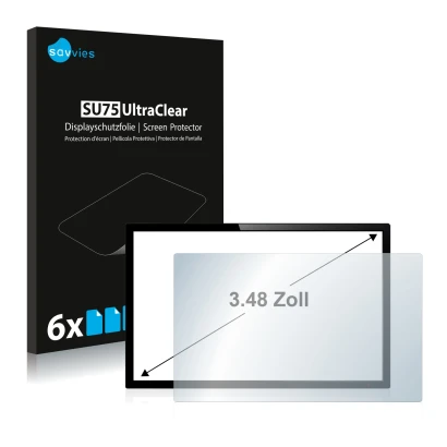 Vorderseite einer Produktverpackung mit dem Markenlogo Savvies. Daneben ist das Gerät mit dem zugehörigen Displayschutz abgebi