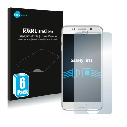 Vorderseite einer Produktverpackung mit dem Markenlogo Savvies. Daneben ist das Gerät Samsung Galaxy A3 2016 mit dem zugehörig