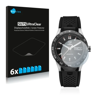 Vorderseite einer Produktverpackung mit dem Markenlogo Savvies. Daneben ist das Gerät TAG Heuer Connected 46 mit dem zugehörig