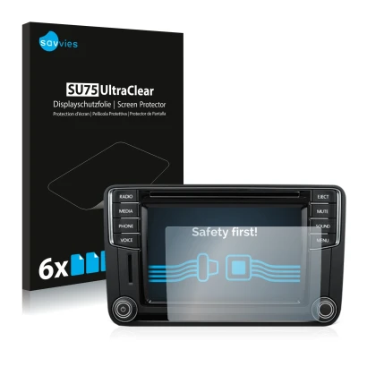 Vorderseite einer Produktverpackung mit dem Markenlogo Savvies. Daneben ist das Gerät Volkswagen T6 2015 Discover Media Plus 6