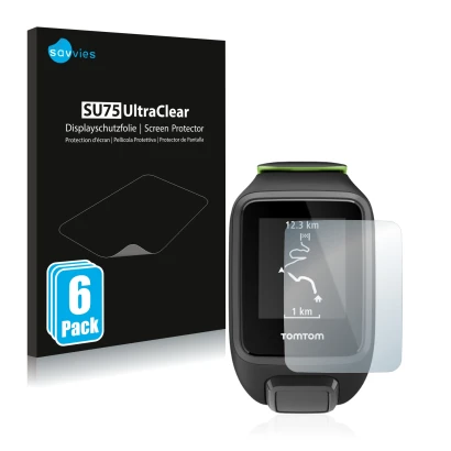 Vorderseite einer Produktverpackung mit dem Markenlogo Savvies. Daneben ist das Gerät TomTom Runner 3 mit dem zugehörigen Disp