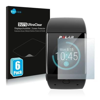 Vorderseite einer Produktverpackung mit dem Markenlogo Savvies. Daneben ist das Gerät Polar M600 mit dem zugehörigen Displaysc