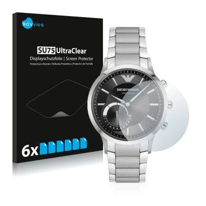 Vorderseite einer Produktverpackung mit dem Markenlogo Savvies. Daneben ist das Gerät Emporio Armani Connected Smartwatch Hybr