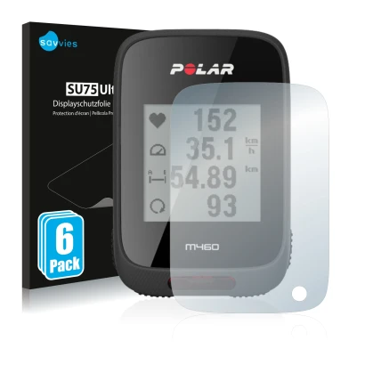 Vorderseite einer Produktverpackung mit dem Markenlogo Savvies. Daneben ist das Gerät Polar M460 mit dem zugehörigen Displaysc