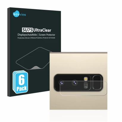 Vorderseite einer Produktverpackung mit dem Markenlogo Savvies. Daneben ist das Gerät Samsung Galaxy Note 8 (NUR Kameraschutz)