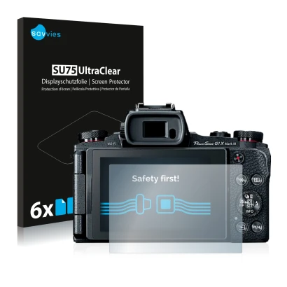 Vorderseite einer Produktverpackung mit dem Markenlogo Savvies. Daneben ist das Gerät Canon PowerShot G1 X Mark III mit dem zu