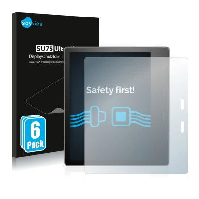 Vorderseite einer Produktverpackung mit dem Markenlogo Savvies. Daneben ist das Gerät Amazon Kindle Oasis 2017 (9. Gen.) mit d