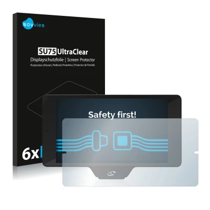 Vorderseite einer Produktverpackung mit dem Markenlogo Savvies. Daneben ist das Gerät Coyote Nav+ 2017 mit dem zugehörigen Dis