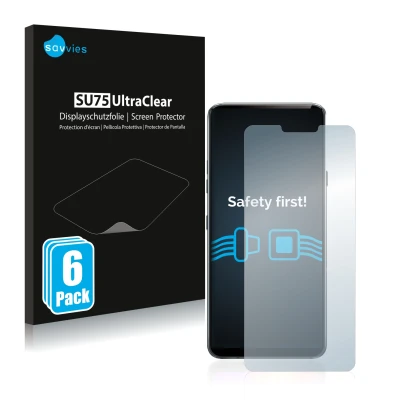 Vorderseite einer Produktverpackung mit dem Markenlogo Savvies. Daneben ist das Gerät LG G7 ThinQ mit dem zugehörigen Displays