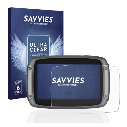 Vorderseite einer Produktverpackung mit dem Markenlogo Savvies. Daneben ist das Gerät TomTom Rider 550 mit dem zugehörigen Dis
