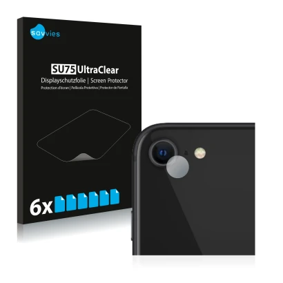 Vorderseite einer Produktverpackung mit dem Markenlogo Savvies. Daneben ist das Gerät Apple iPhone SE 2 2020 (NUR Kameraschutz