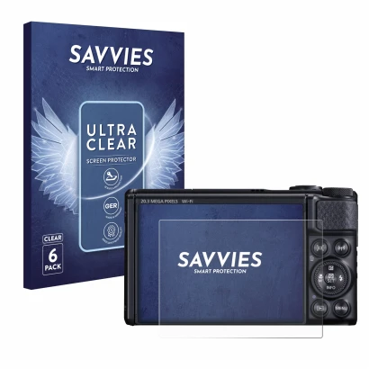 Vorderseite einer Produktverpackung mit dem Markenlogo Savvies. Daneben ist das Gerät Canon PowerShot SX740 HS mit dem zugehör