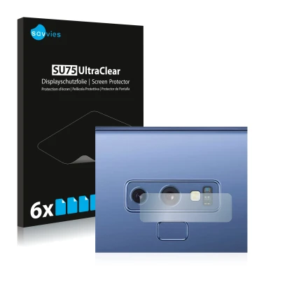 Vorderseite einer Produktverpackung mit dem Markenlogo Savvies. Daneben ist das Gerät Samsung Galaxy Note 9 (NUR Kameraschutz)