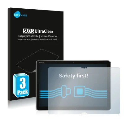 Vorderseite einer Produktverpackung mit dem Markenlogo Savvies. Daneben ist das Gerät Huawei MediaPad M5 Lite 10.1" mit dem zu