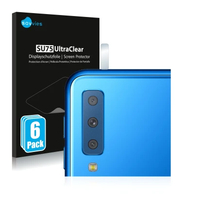 Vorderseite einer Produktverpackung mit dem Markenlogo Savvies. Daneben ist das Gerät Samsung Galaxy A7 2018 (NUR Kameraschutz