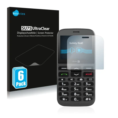 Vorderseite einer Produktverpackung mit dem Markenlogo Savvies. Daneben ist das Gerät Doro 1370 mit dem zugehörigen Displaysch