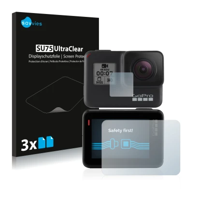 Vorderseite einer Produktverpackung mit dem Markenlogo Savvies. Daneben ist das Gerät GoPro Hero 7 Black mit dem zugehörigen D