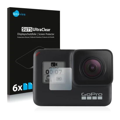 Vorderseite einer Produktverpackung mit dem Markenlogo Savvies. Daneben ist das Gerät GoPro Hero 7 Black (Vorderes Display) mi