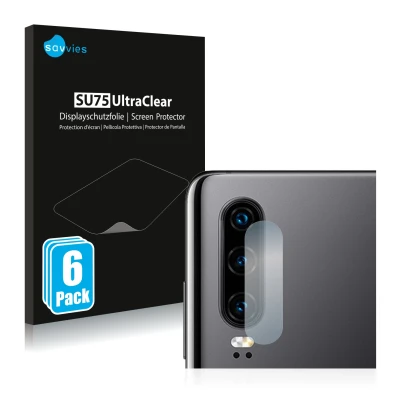 Vorderseite einer Produktverpackung mit dem Markenlogo Savvies. Daneben ist das Gerät Huawei P30 (NUR Kameraschutz) mit dem zu