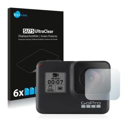 Vorderseite einer Produktverpackung mit dem Markenlogo Savvies. Daneben ist das Gerät GoPro Hero 7 Black (Linse) mit dem zugeh