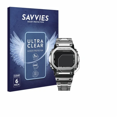 Vorderseite einer Produktverpackung mit dem Markenlogo Savvies. Daneben ist das Gerät Casio G-Shock GMW-B5000D-1ER mit dem zug