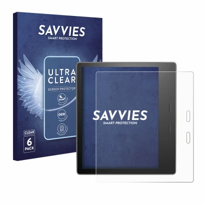 Vorderseite einer Produktverpackung mit dem Markenlogo Savvies. Daneben ist das Gerät Amazon Kindle Oasis 2019 (10. Gen.) mit 