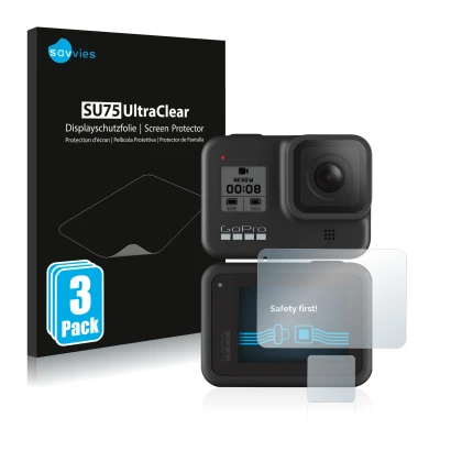 Vorderseite einer Produktverpackung mit dem Markenlogo Savvies. Daneben ist das Gerät GoPro Hero 8 Black mit dem zugehörigen D