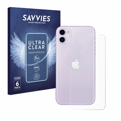 Vorderseite einer Produktverpackung mit dem Markenlogo Savvies. Daneben ist das Gerät Apple iPhone 11 (Rückseite) mit dem zuge