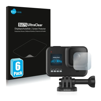 Vorderseite einer Produktverpackung mit dem Markenlogo Savvies. Daneben ist das Gerät GoPro Hero 8 Black (Linse) mit dem zugeh
