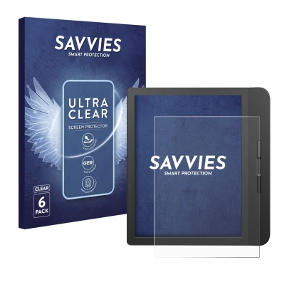 Vorderseite einer Produktverpackung mit dem Markenlogo Savvies. Daneben ist das Gerät Tolino Vision 5 mit dem zugehörigen Disp