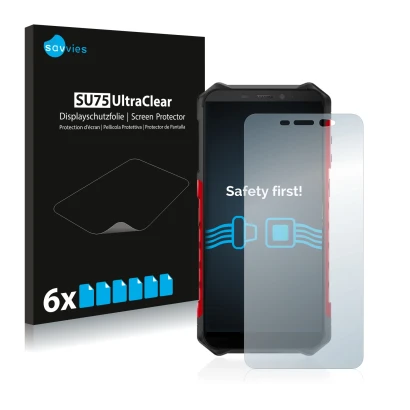 Vorderseite einer Produktverpackung mit dem Markenlogo Savvies. Daneben ist das Gerät Ulefone Armor X5 mit dem zugehörigen Dis