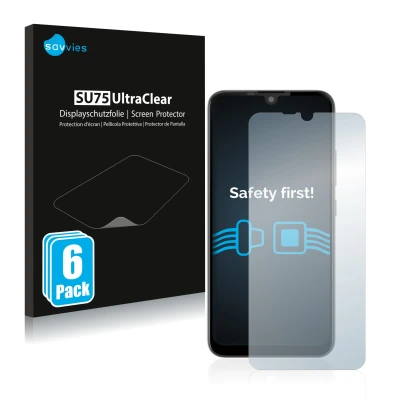 Vorderseite einer Produktverpackung mit dem Markenlogo Savvies. Daneben ist das Gerät Gigaset GS190 mit dem zugehörigen Displa