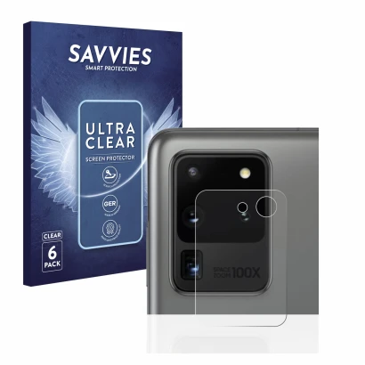 Vorderseite einer Produktverpackung mit dem Markenlogo Savvies. Daneben ist das Gerät Samsung Galaxy S20 Ultra (NUR Kameraschu