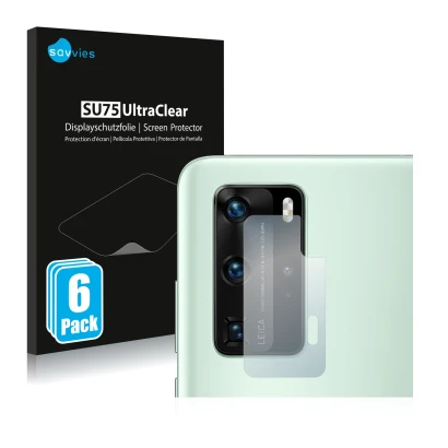 Vorderseite einer Produktverpackung mit dem Markenlogo Savvies. Daneben ist das Gerät Huawei P40 Pro (NUR Kameraschutz) mit de