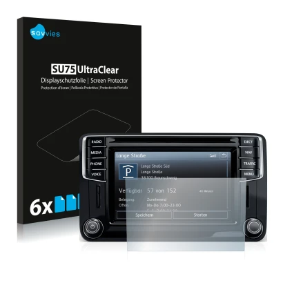 Vorderseite einer Produktverpackung mit dem Markenlogo Savvies. Daneben ist das Gerät Volkswagen Amarok Discover Media 6.5" 20