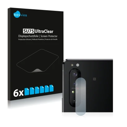 Vorderseite einer Produktverpackung mit dem Markenlogo Savvies. Daneben ist das Gerät Sony Xperia 1 II (NUR Kameraschutz) mit 