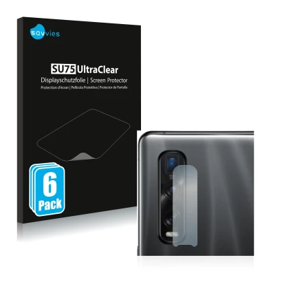 Vorderseite einer Produktverpackung mit dem Markenlogo Savvies. Daneben ist das Gerät Oppo Find X2 Pro (NUR Kameraschutz) mit 