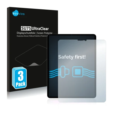 Vorderseite einer Produktverpackung mit dem Markenlogo Savvies. Daneben ist das Gerät Apple iPad Pro 11" 2020 (2. Gen.) mit de