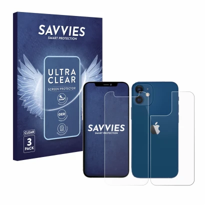 Vorderseite einer Produktverpackung mit dem Markenlogo Savvies. Daneben ist das Gerät Apple iPhone 12 mini (Display+Rückseite)