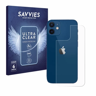 Vorderseite einer Produktverpackung mit dem Markenlogo Savvies. Daneben ist das Gerät Apple iPhone 12 (Rückseite) mit dem zuge