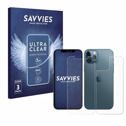 Vorderseite einer Produktverpackung mit dem Markenlogo Savvies. Daneben ist das Gerät Apple iPhone 12 Pro (Display+Rückseite) 